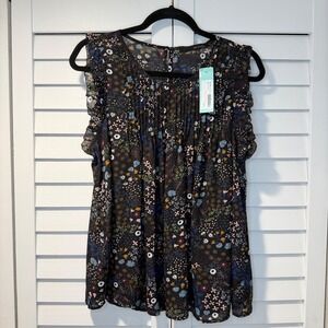 Fun2Fun Cueto Pleat Front Blouse XL Black Floral Ruffle Sleeveless New